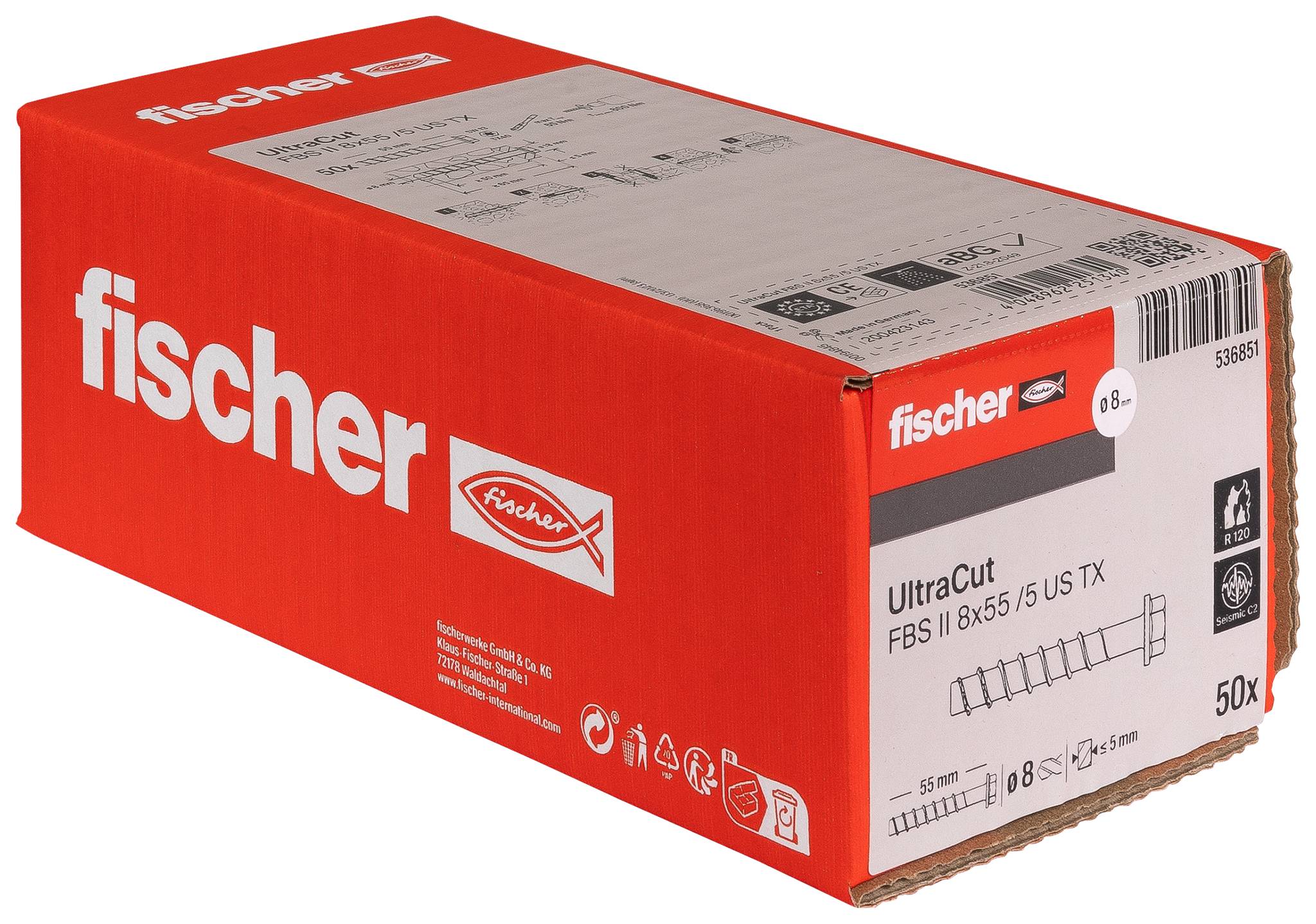 Red Fischer 'fischer' UltraCut skruvlåda, märkt 'FBS II 8x55 / US TX' och '50x', visad på vit bakgrund.
