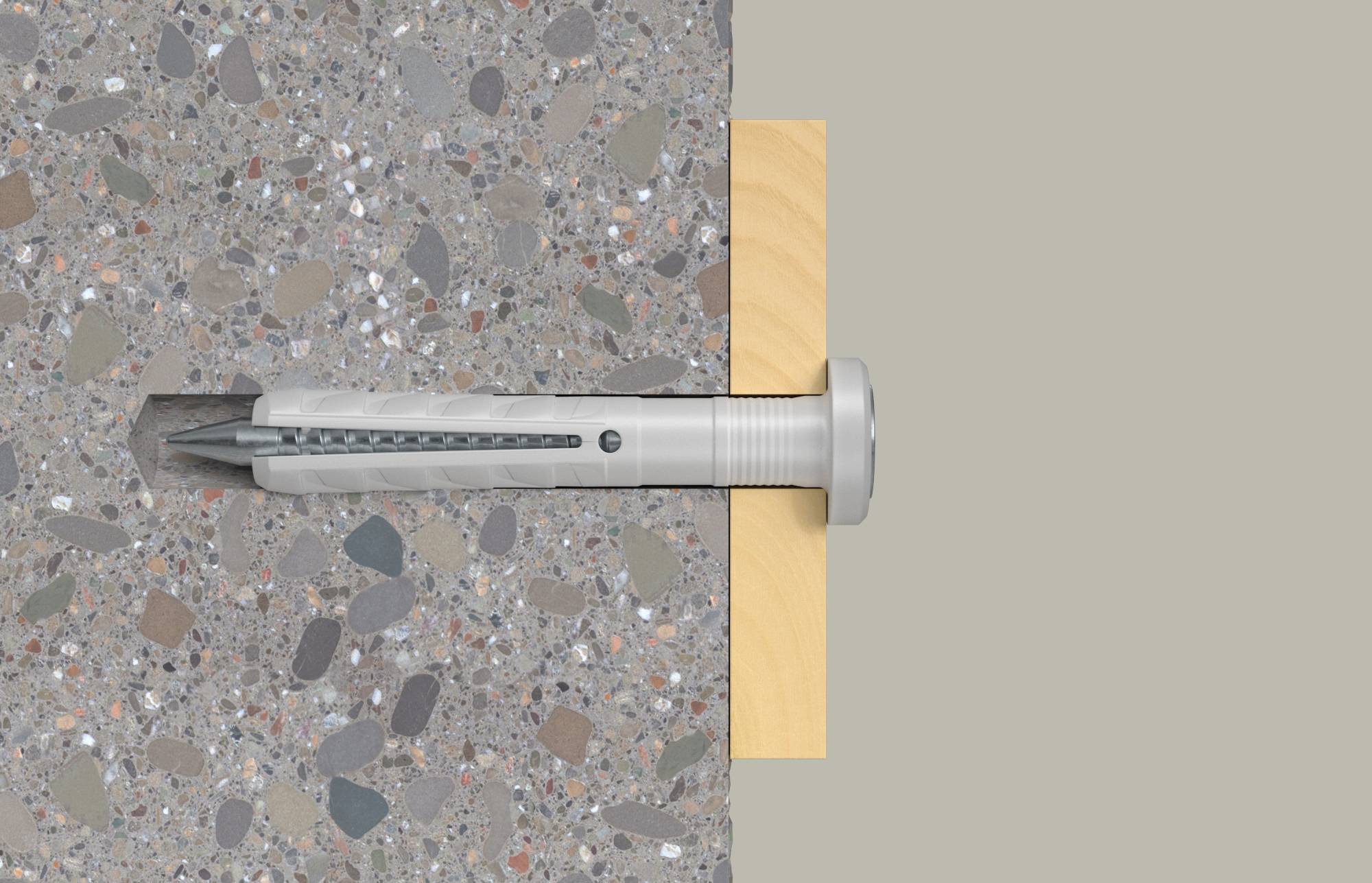 Tvärsnittdiagram av en betongskruv förankrad i en betongvägg bredvid en träbräda, som visar förankringen sittande genom brädan in i betongen.