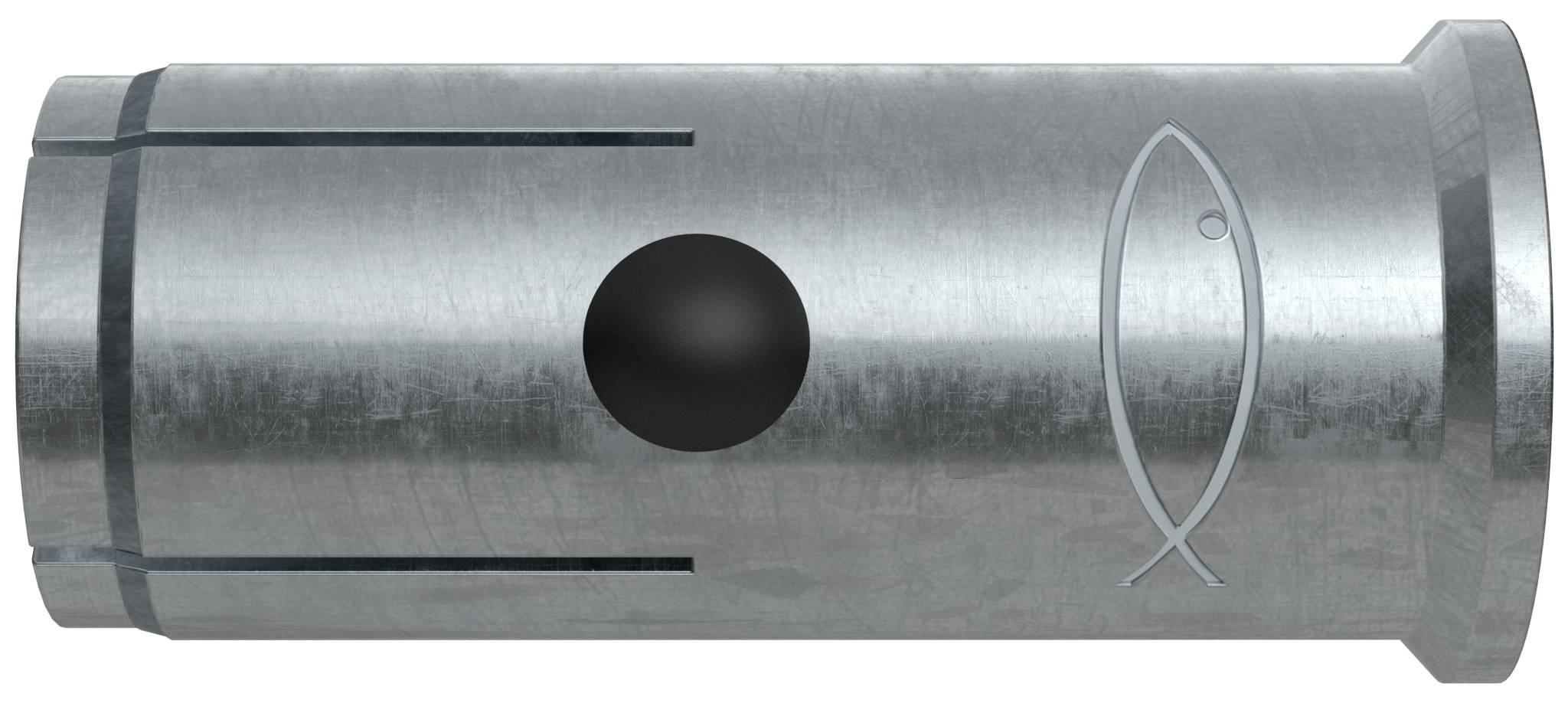 Metallisk cylindrisk fiskerilins eller spoljethållare med ett sidohål och fiskelogotyp graverad på kroppen.
