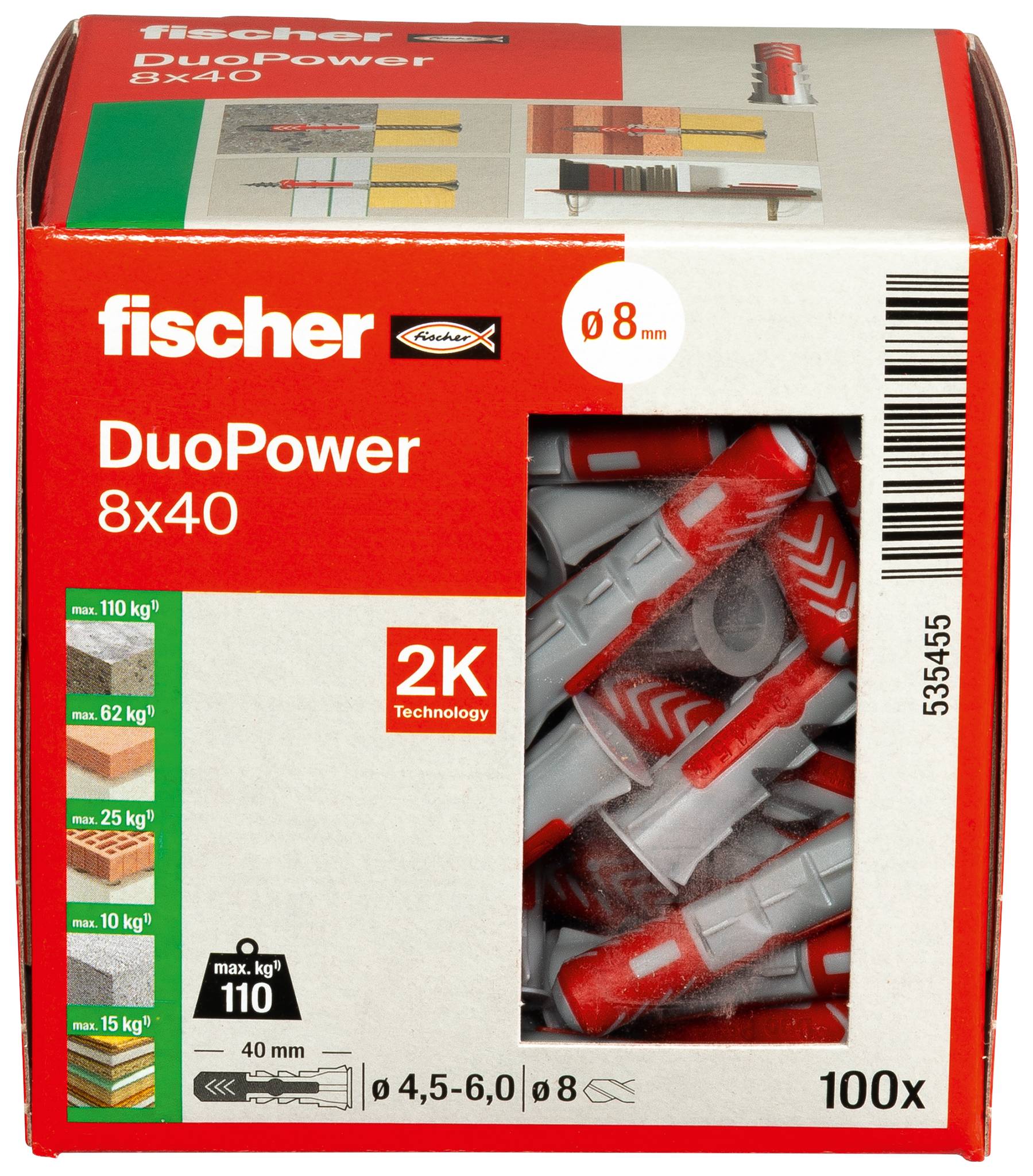 Fischer DuoPower 8x40 väggplugglåda, visar 100 röd-grå pluggar, 8 mm storlek, 2K-teknik och max 110 kg belastning.