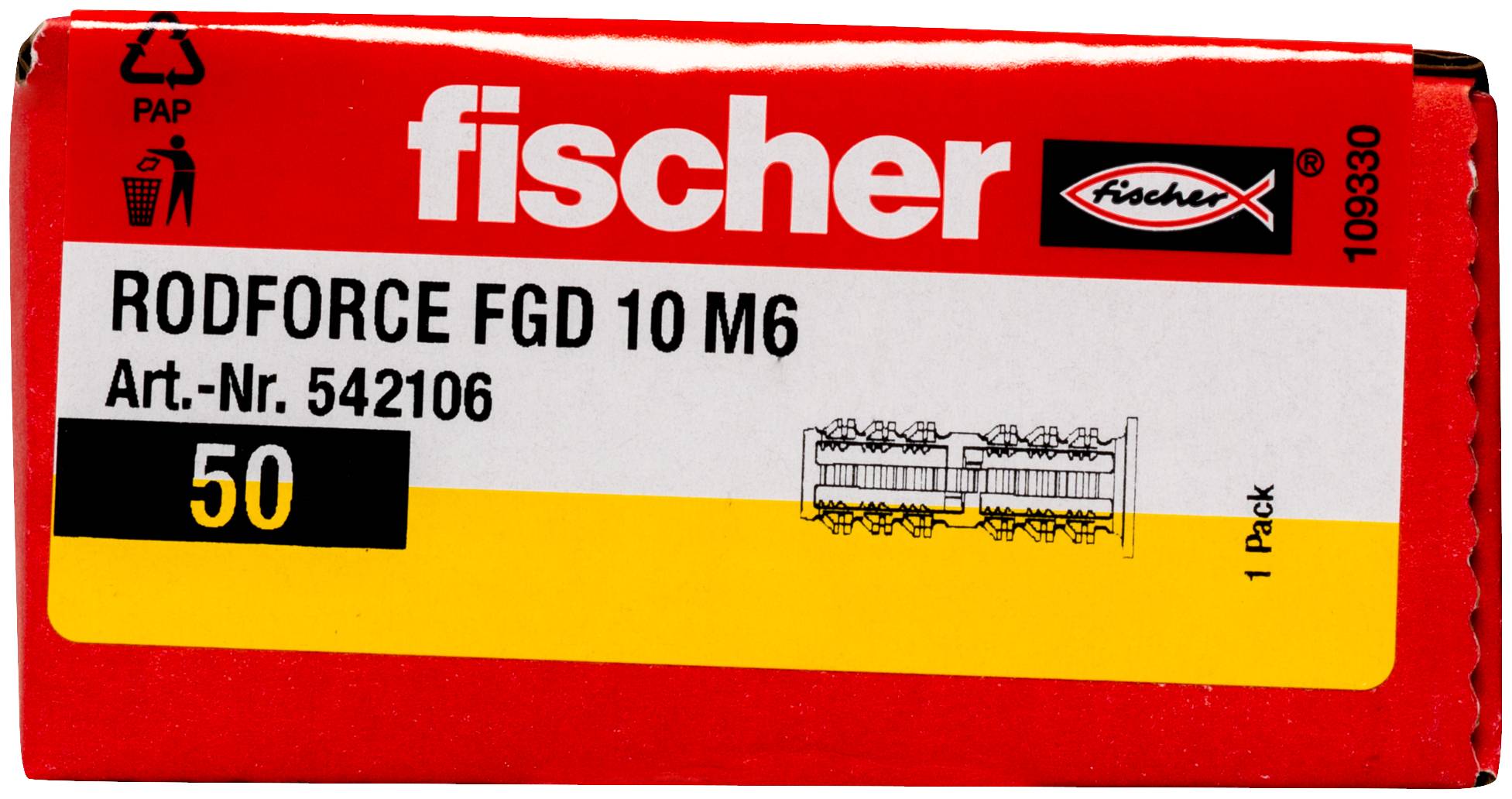 Red Fischer hårdvarupaket märkt 'fischer RODFORCE FGD 10 M6' med artikelnummer 542106 och kvantitet 50.
