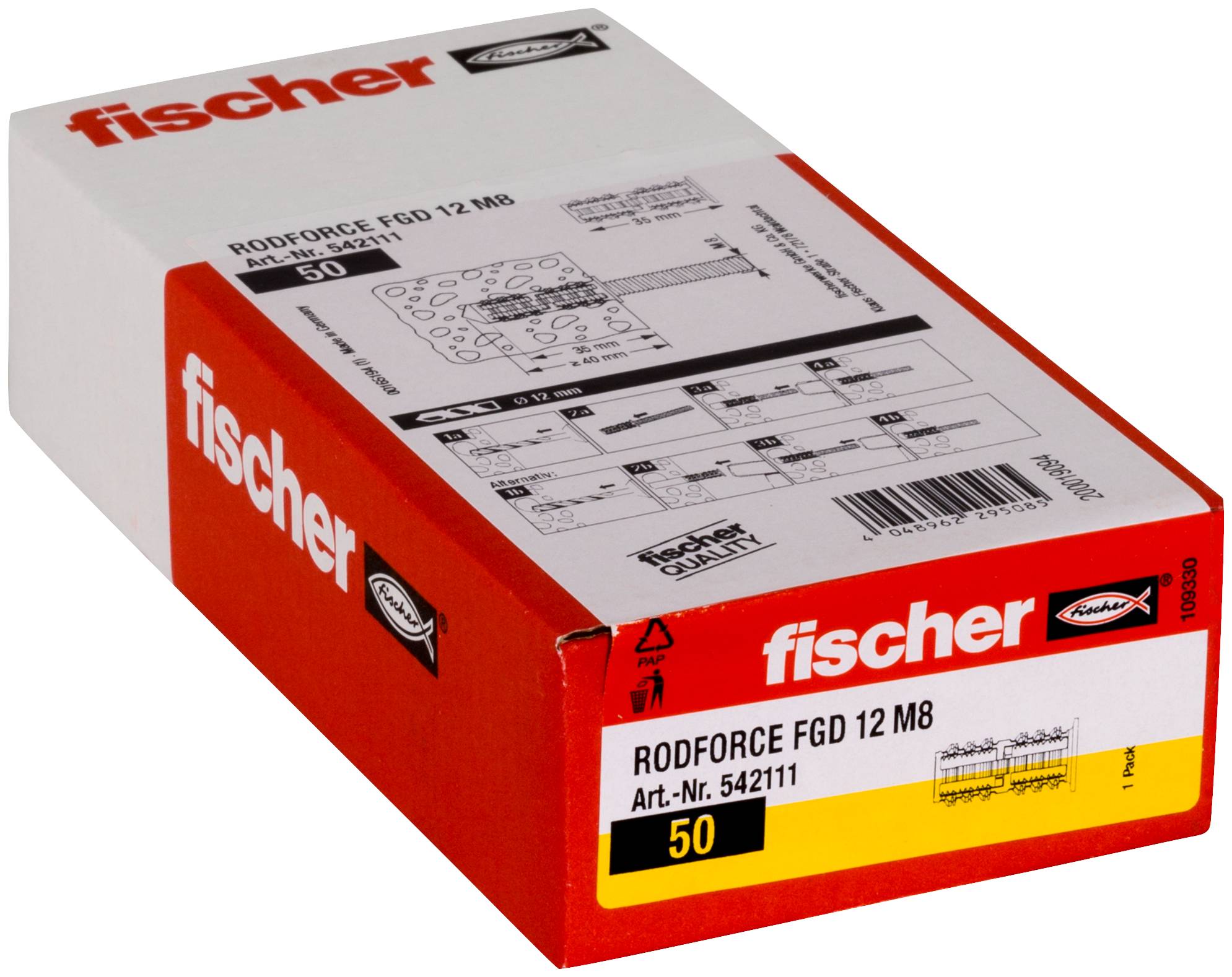 En Fischer-märkt låda med Rodforce FGD 12 M8 fästelement, märkt 50 bitar, visad i produktförpackning på en vit bakgrund.