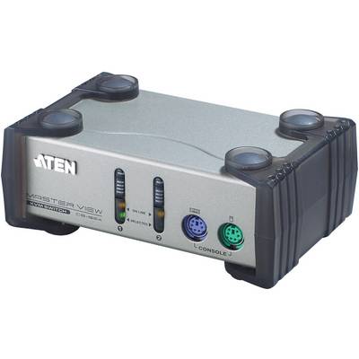 En silverfärgad KVM-switch med två PS/2-portar och driftsindikatorer för användning och val, märkt 'ATEN' på framsidan.