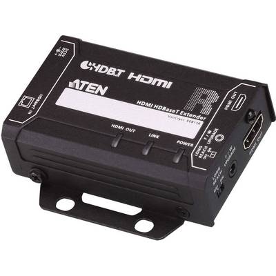 En HDMI-HDBaseT-extender, modell VE181R, från ATEN för förlängning av HDMI-signaler över långa sträckor. Svart med anslutningsuttag.