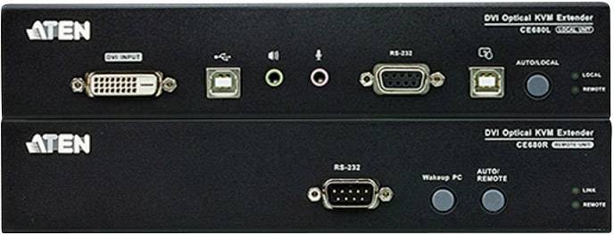 Två DVI Optical KVM-förlängare, modell CE680/CE690 från ATEN, visar olika gränssnitt och kontrolltangenter för fjärranslutningar.
