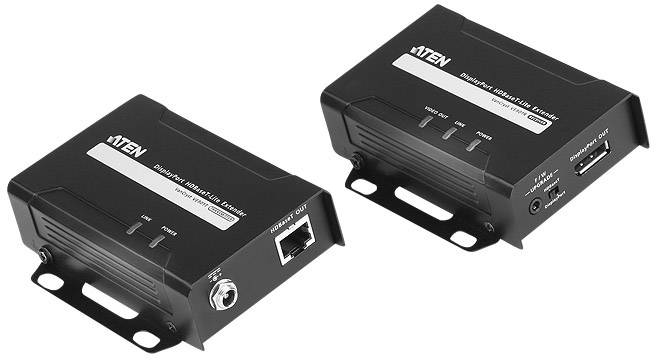 Två svarta ATEN-enheter med HDMI-förlängning. Varje enhet har anslutningar på framsidan; en har en Ethernet-port, den andra har en HDMI-utgång.