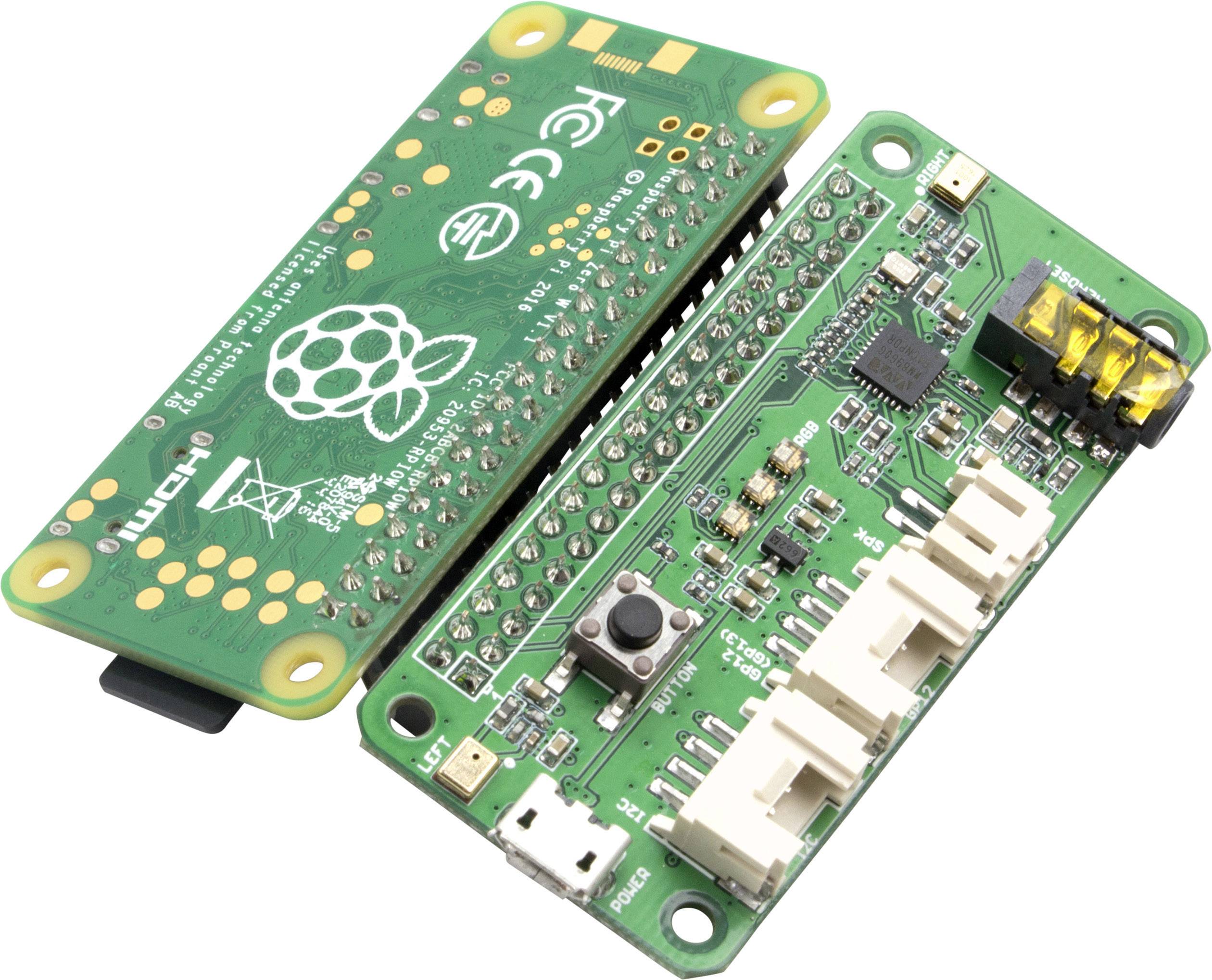 Två gröna kretskort: Till vänster Raspberry Pi Zero-kortet med logotyper, till höger ett expansionskort med kontakter och omkopplare.