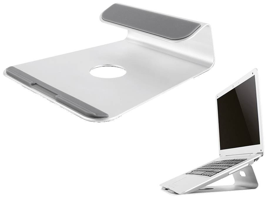 Metallstativ för laptops som möjliggör en ergonomisk arbetsposition. Laptopen visar skärminnehållet i en framåtlutad vinkel.