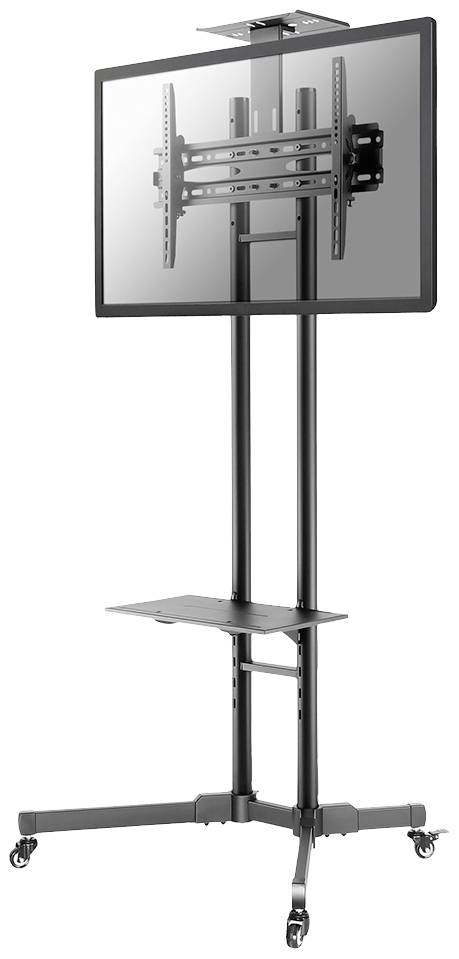 En mobil TV-stativ med hjul, höjdjusterbar, som håller en stor flatskärm. Nedtill finns ett litet förvaringsfack.