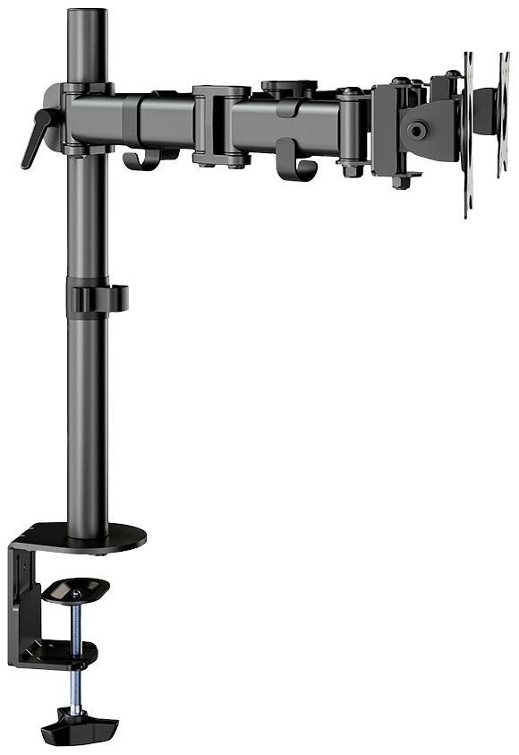 Svart monitorfäste med justerbar arm, monterad på bordet. Passar för olika monitorstorlekar, ergonomisk design.