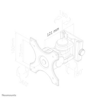 Figuren visar en svängbar monitorfäste med mått: 121 mm avstånd, 100 mm höjd, 75 mm djup. Rörelsemöjlighet: 360° roterbar, 180° lutningsbar.