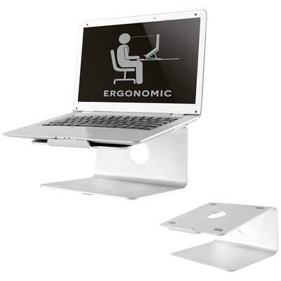 En bärbar dator står på ett silverständ. Skärmen visar ett piktogram av en person som sitter ergonomiskt framför datorn.