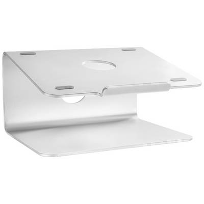 En silver laptopställning i metall med en cirkelformad öppning upptill och fyra halkfria gummidynor i hörnen.