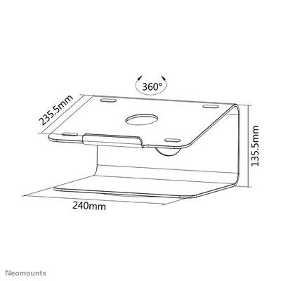 Teckning av en laptopställning med måtten 240 mm x 235,5 mm x 135,5 mm. Designen möjliggör en 360-gradig rotation.