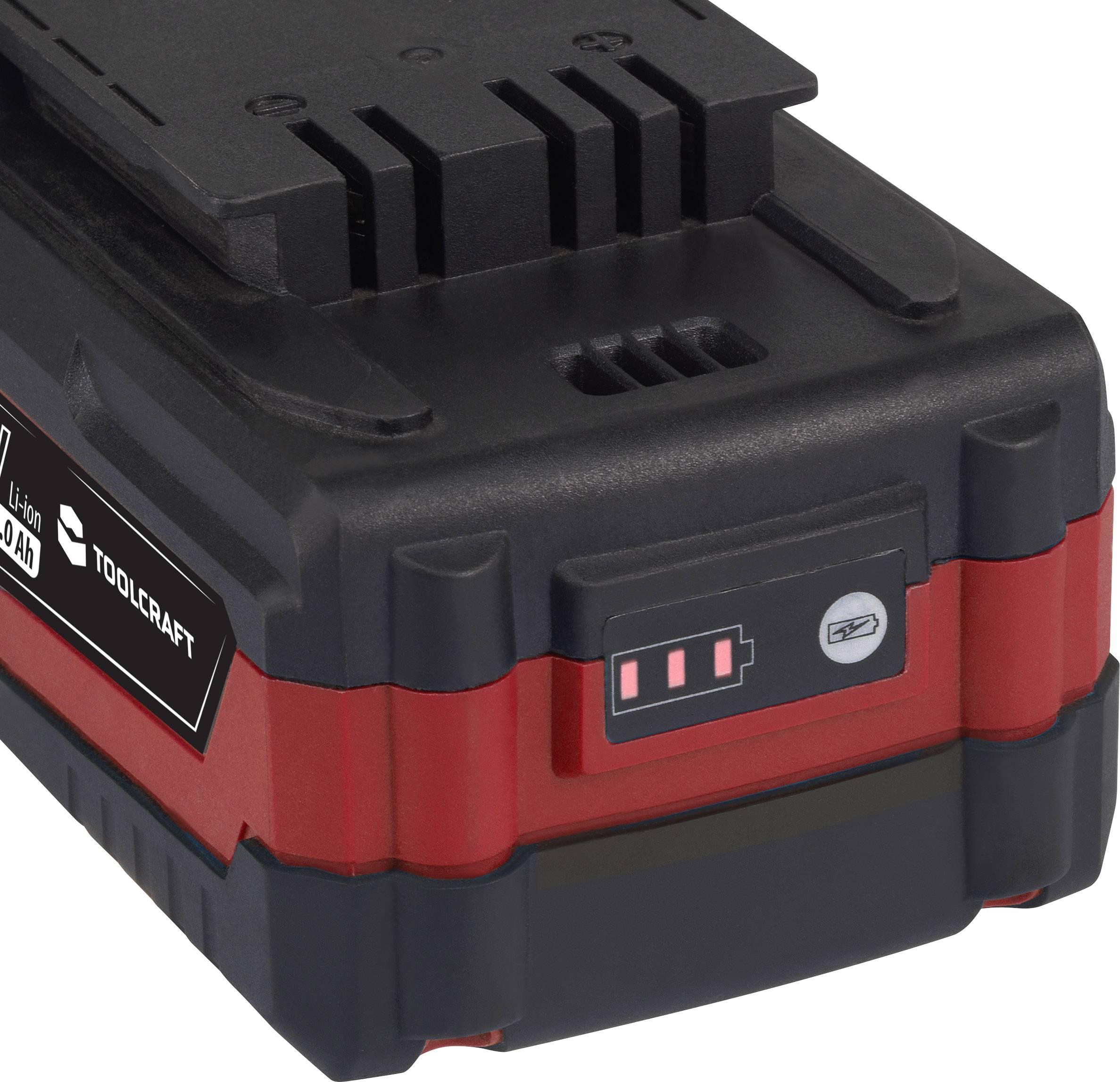 Uppladdningsbart Li-Ion-batteri med LED-laddningsindikator och svart, rött hölje.
