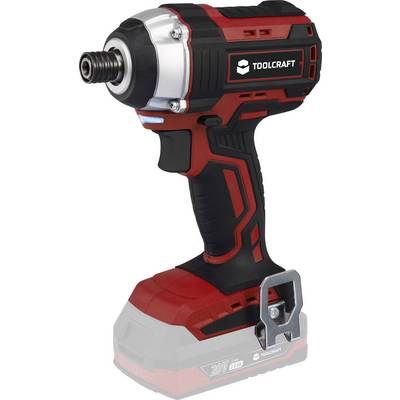Röd och svart sladdlös skruvdragare märkt 'TOOLCRAFT'. Lämplig för hemmafixarjobb, med ergonomiskt grepp och 20V batteri.