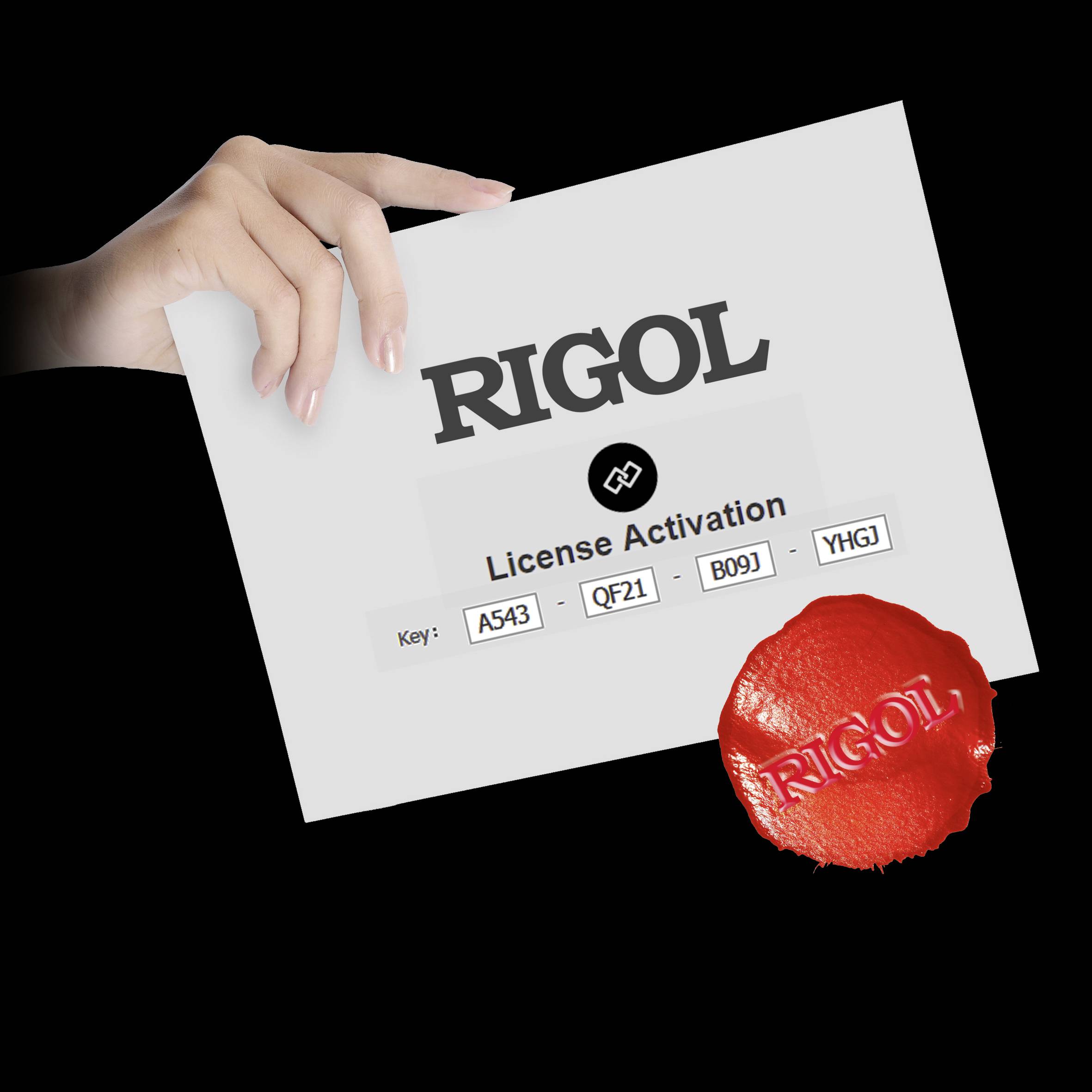 En hand håller ett aktiveringsavtal med titeln 'RIGOL License Activation', ett licensnummer och en röd försegling.