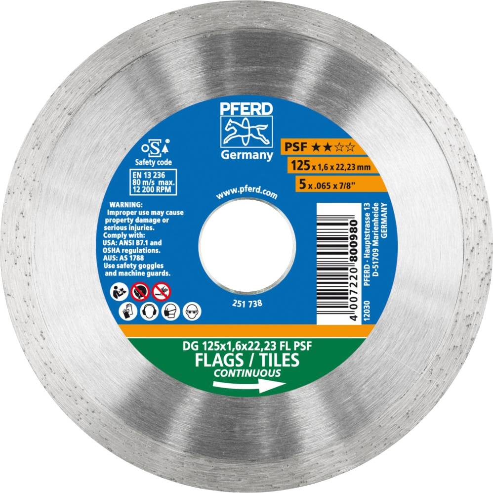 Slipskiva med texten 'PFERD Germany'. Storlek: 125 x 1,6 x 22,23 mm. Varningsmeddelanden och säkerhetsinformation synliga.