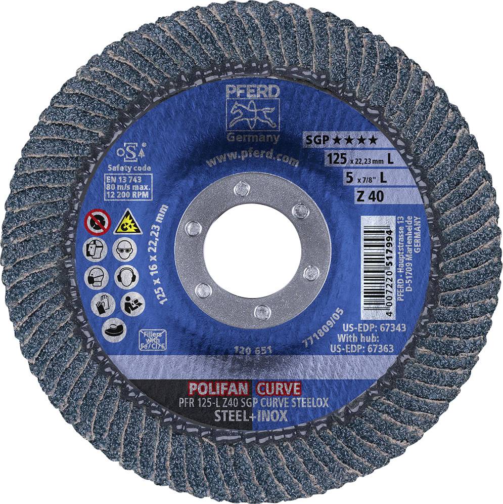 'Slipskiva av märket Pferd', modell 'POLIFAN CURVE', lämplig för stål och rostfritt stål, diameter 125 mm, tjocklek 5 mm, kornstorlek Z 40.