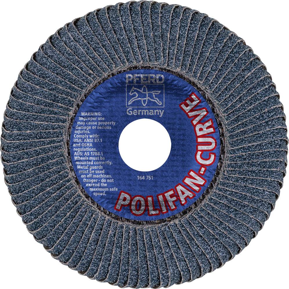 En slipskiva från produktlinjen 'Polifan-Curve' från PFERD, Tyskland, med varningsanvisningar och tekniska specifikationer på etiketten.