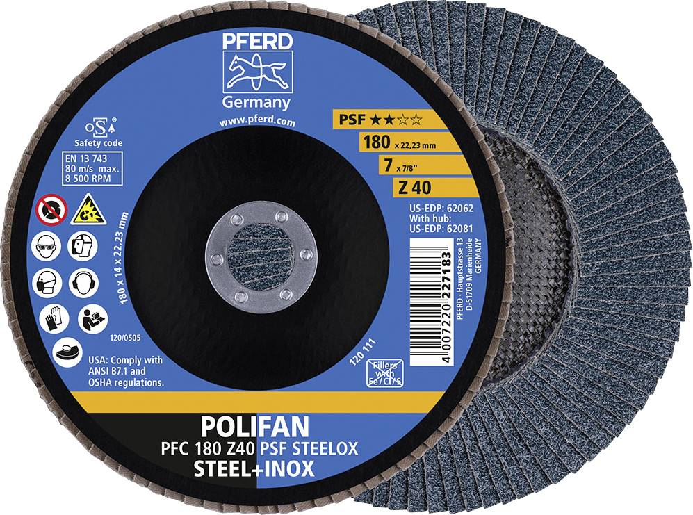 Etikett för en slipskiva med varumärke 'PFERD', modell 'Polifan', typ 'PFC 180 Z40 PSF', material 'Stål+Inox', storlek '180 x 7 x 22,23 mm'.