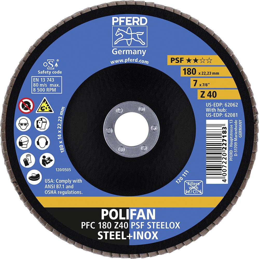 'Slipskiva av märket PFERD, typ PSF, för stål och rostfritt stål. Diameter 180 mm, kornstorlek Z40. Säkerhets- och tillverkarinformation.'