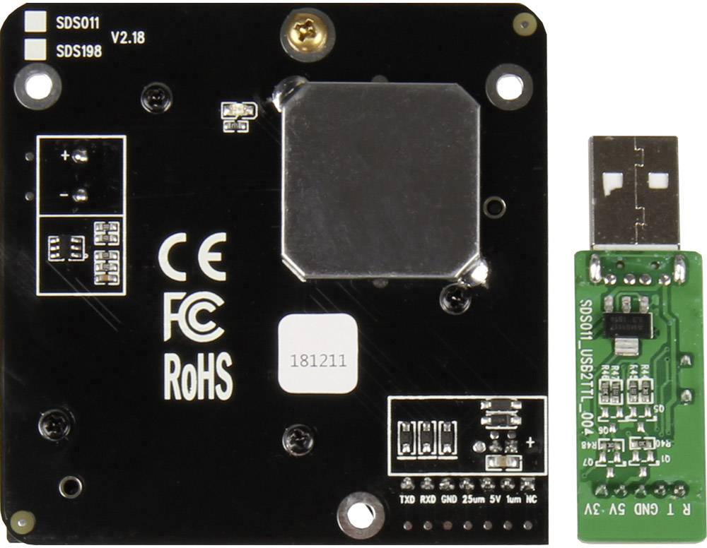 Elektronikkort SDS011 V2.18 med CE-, FCC- och RoHS-märkningar, bredvid ett USB-modul märkt SDS011 USB-TTL 1.3.