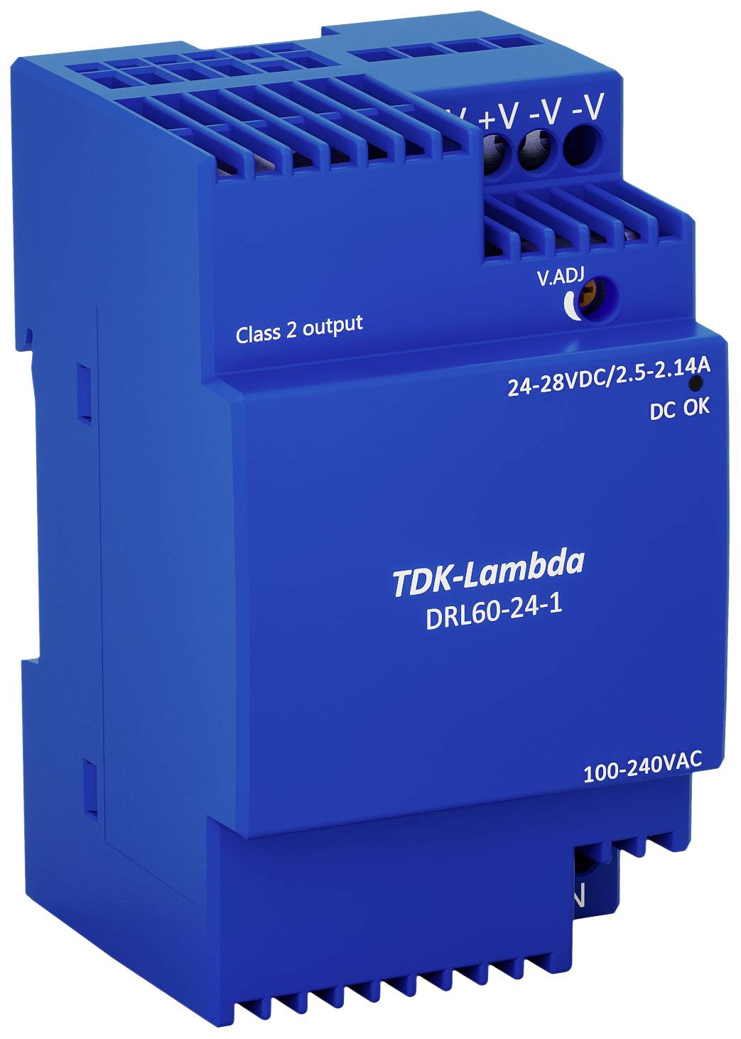 Blått switchat nätaggregat från TDK-Lambda, modell DRL60-24-1, med ingång 100-240VAC och utgång 24-28VDC/2.5-2.14A.