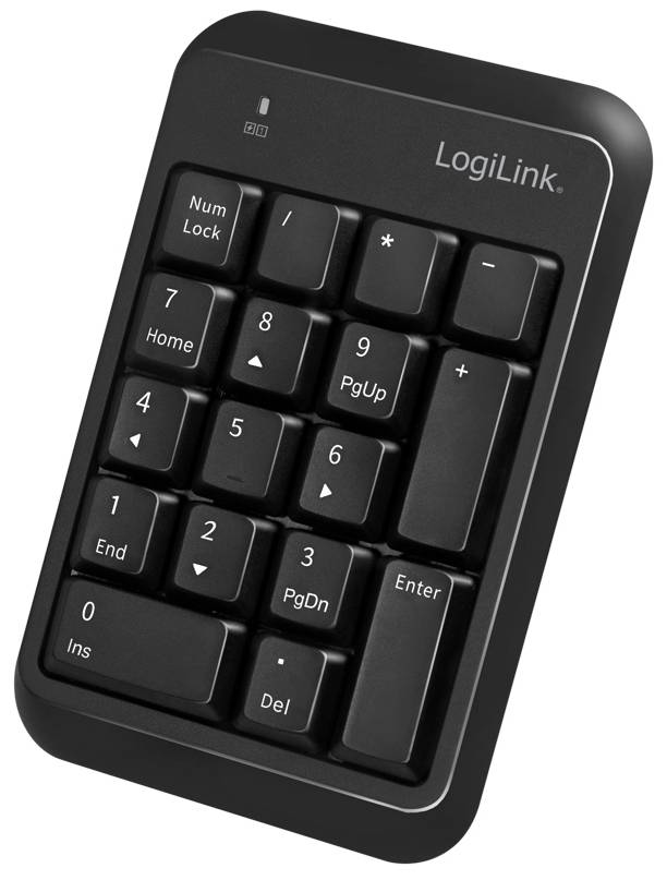 Extern numeriskt tangentbord från LogiLink med USB-anslutning, svart design. Innehåller siffertangenter från 0-9, 'Num Lock' och navigationsfunktioner.