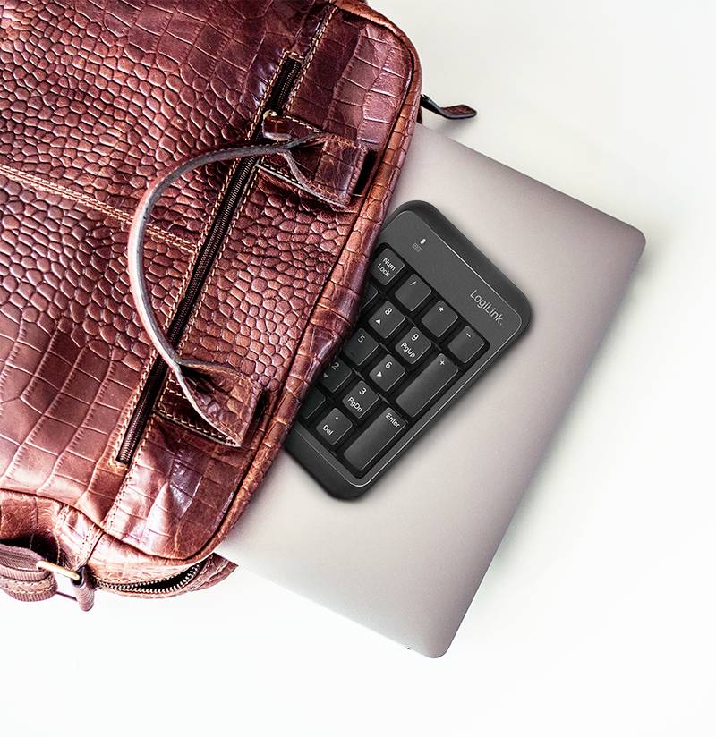 En brun läderväska ligger på en stängd laptop. En nummerbricka med texten 'LogiLink' ligger delvis ovanpå laptopen.