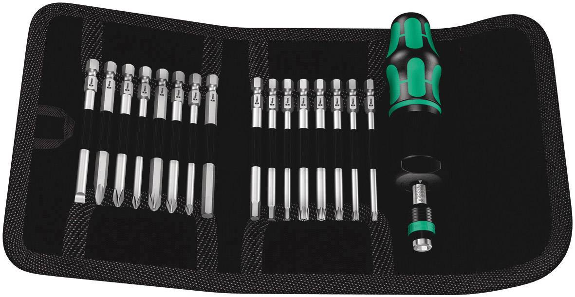 Ett skruvmejselset i ett tygfodral, bestående av ett ergonomiskt handtag och flera utbytbara bits i olika storlekar.