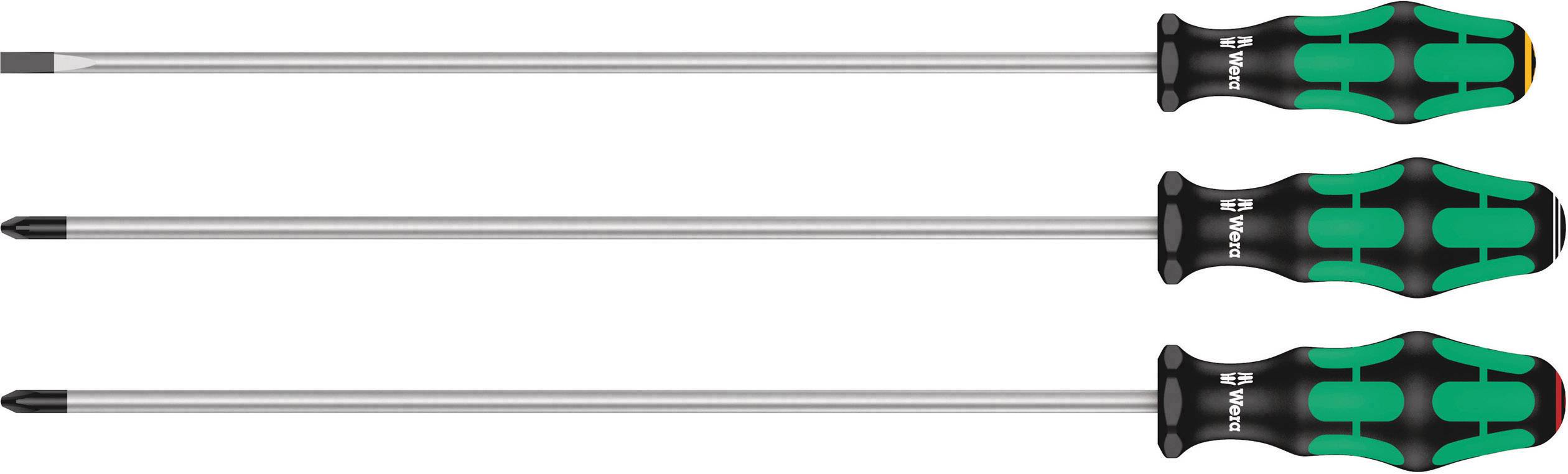 Tre skruvmejslar med olika handtag och bladformer, liggande horisontellt bredvid varandra.