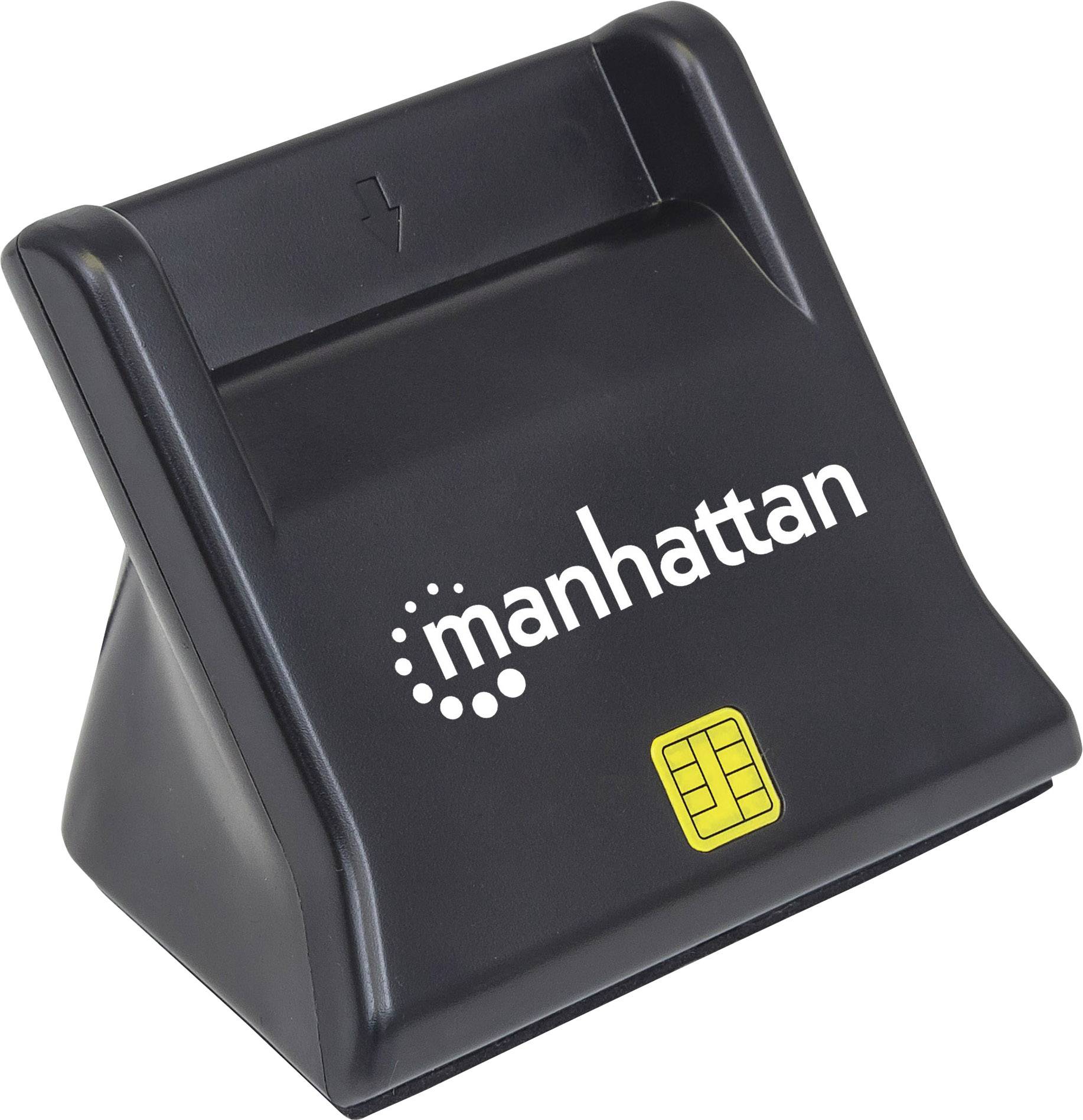 En svart kortläsare med 'manhattan'-logotypen på framsidan och en gul chipsymbol nedanför. Lämplig för chipkort.