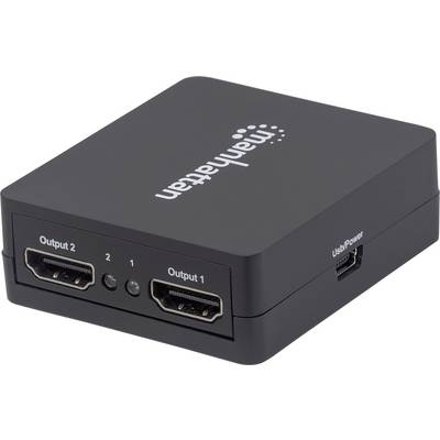 En HDMI-splitter med två utgångar och en USB-strömkontakt. Varumärkesnamn synligt på ovansidan. Kompakt och enkelt design.