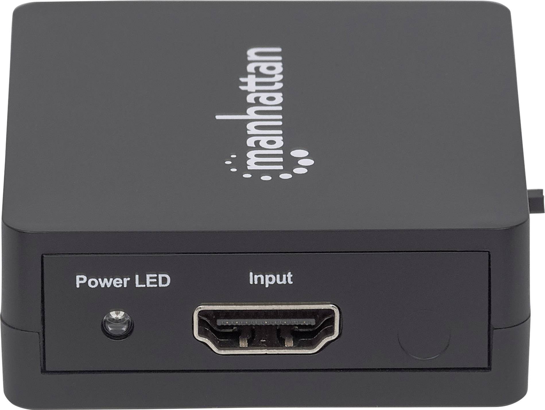 Svart elektronisk enhet med HDMI-ingångsport och 'Power LED'-indikator, märkt 'manhattan' på ovansidan.