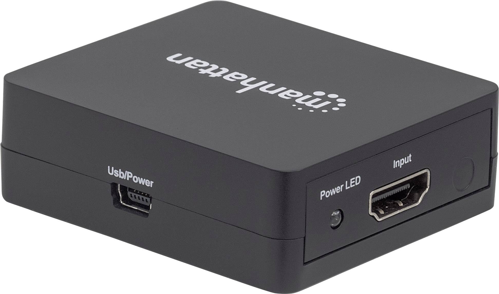 En liten, svart HDMI-till-VGA-konverter med "manhattan"-logotyp på ovansidan. Den har HDMI- och USB-anslutningar.