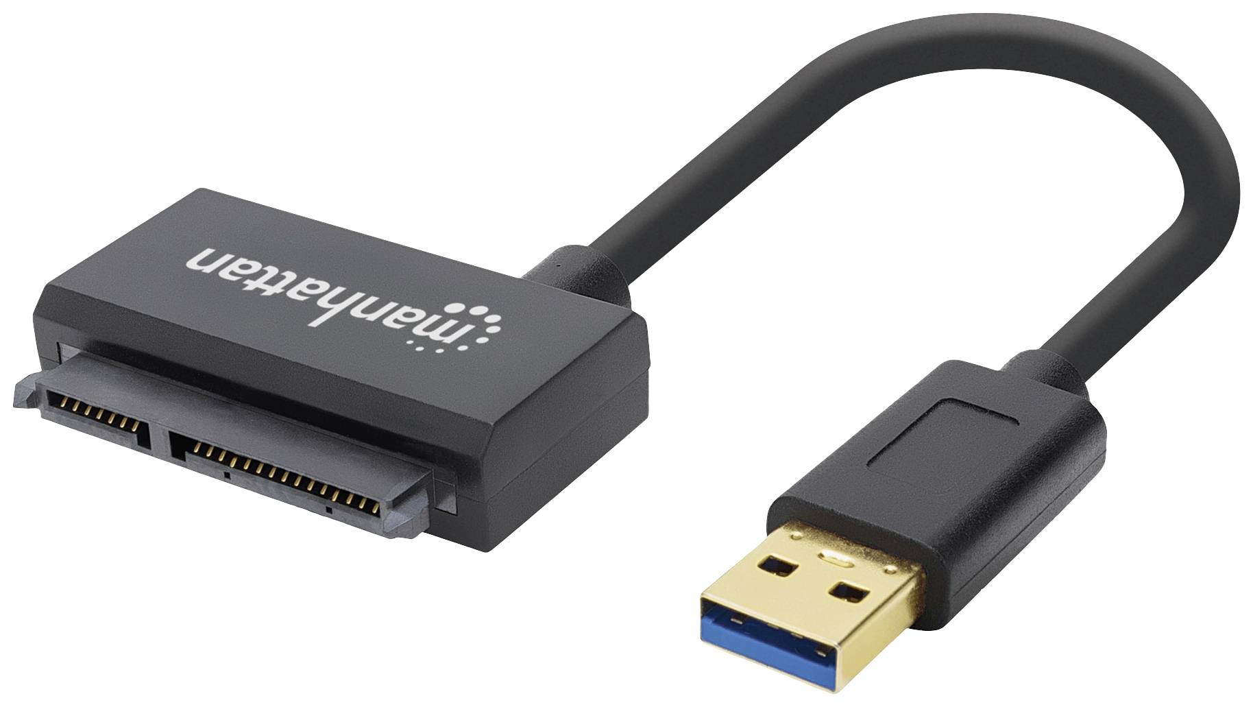 USB till SATA-adapterkabel, svart, möjliggör anslutning av SATA-enheter till en dator via USB-port.