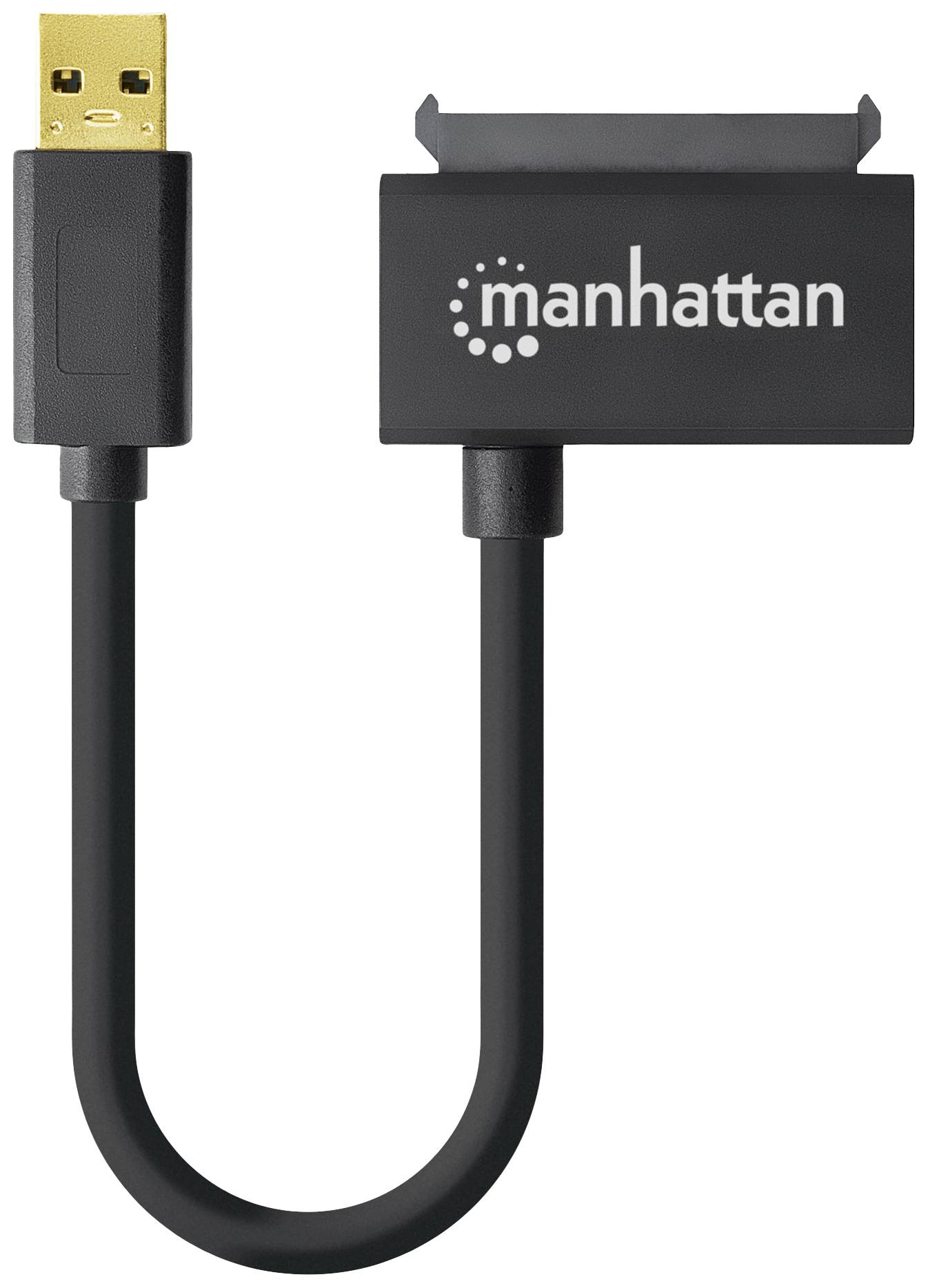 USB till SATA-adapterkabel med 'Manhattan'-logotyp, lämplig för anslutning av hårddiskar och SSD-skivor till enheter med USB-port.