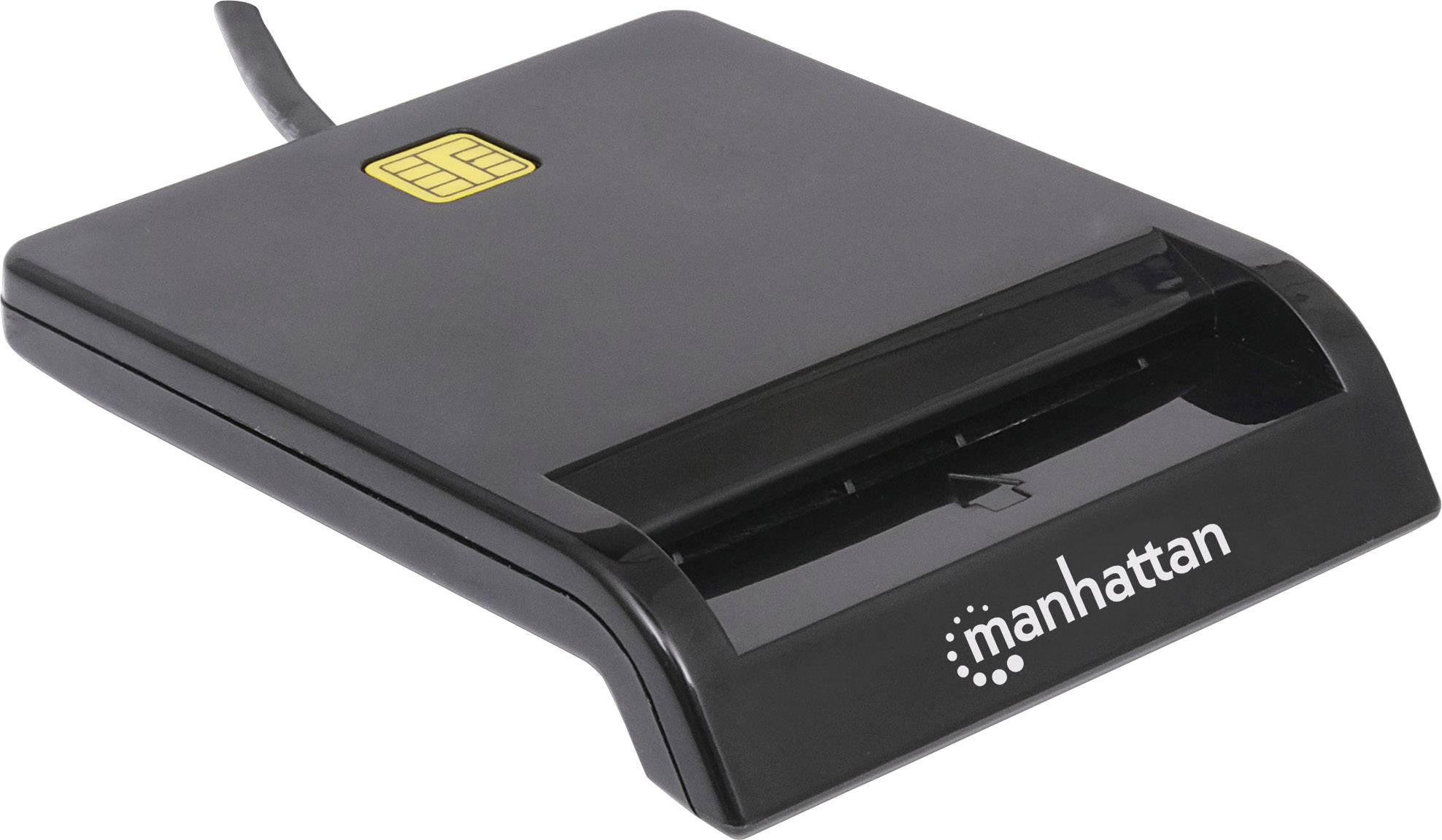 Svart chipkortsläsare från märket 'Manhattan' med USB-anslutning, avbildad framifrån.