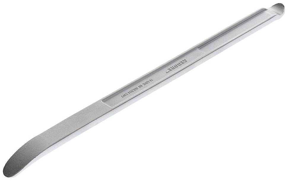 En silverfärgad däckavdragare i metall med påskriften 'ANTICURL 180 MM'. Används för att ta bort cykelringar.