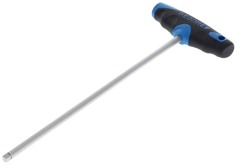 En T-handtag insexnyckel med blå-svart handtag och lång skaft.