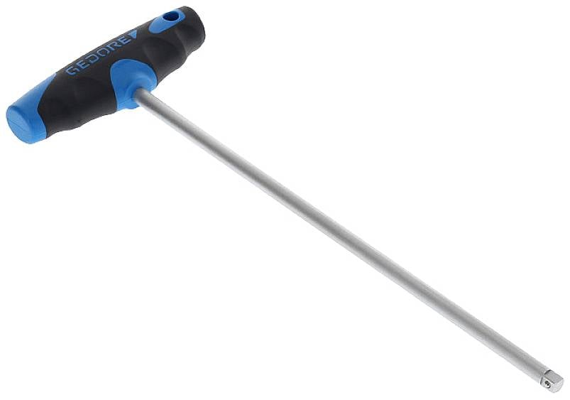 L-formad skruvmejsel med blå-svart handtag; lång metallpinne som slutar i ett sexkantigt huvud.
