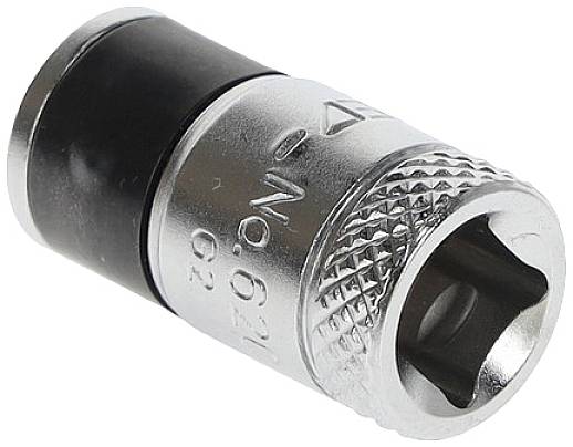 Insats för hylsnyckel, cylindrisk, gjord av metall och plast, med en fyrkantig drivöppning.