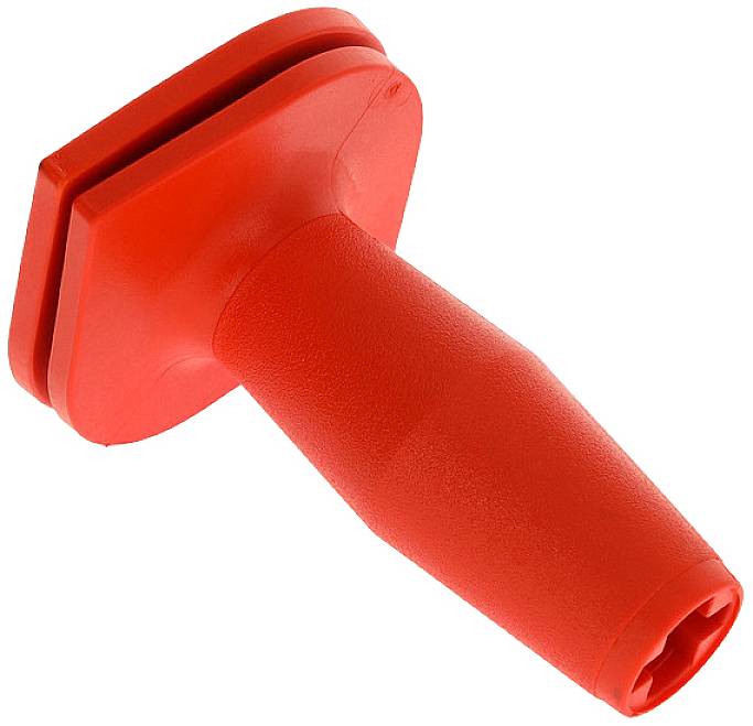Röd plastpropp med hexagonal bas och konisk handtag. Kan användas för att täppa till eller täta öppningar.