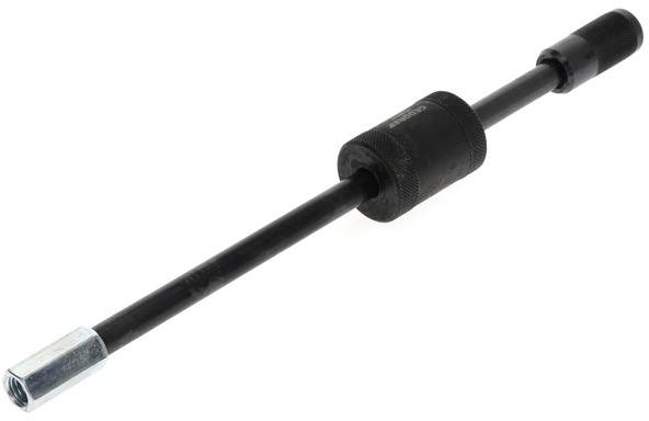 En svart skruvstycksaxel med ett cylindriskt handtag i mitten.