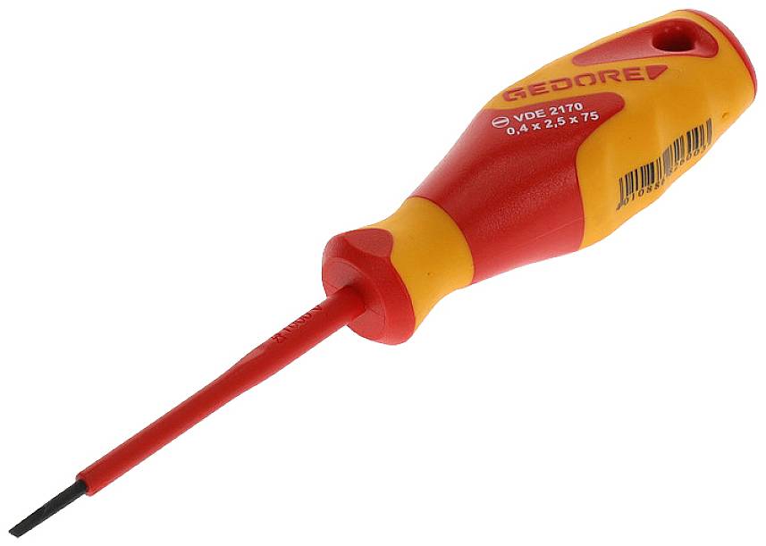 En gul och röd skruvmejsel från Gedore med platt huvud och isolerat handtag för elektriska arbeten.