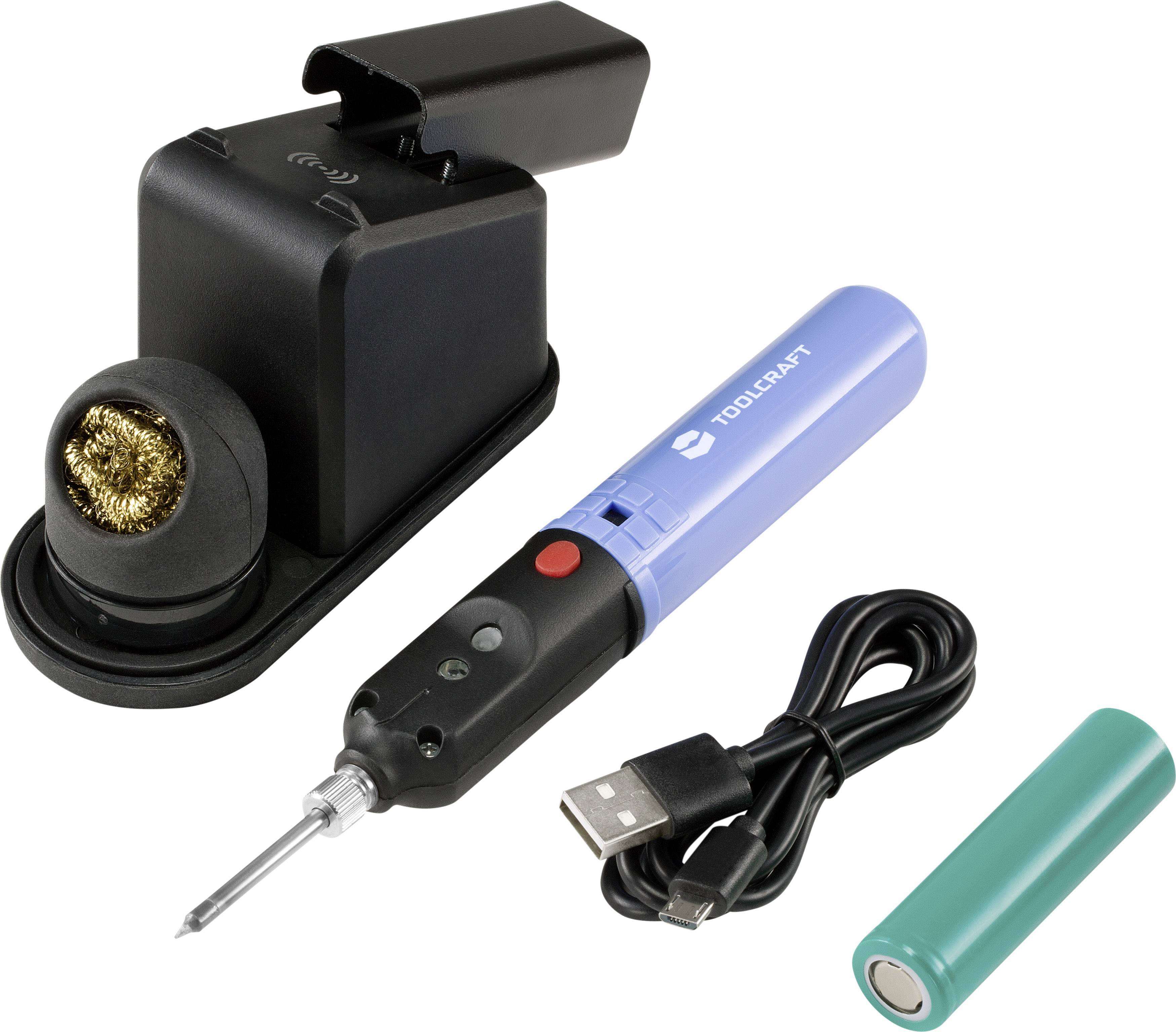 Lödkolv-set med sladdlös lödkolv, laddningsstation, USB-kabel och uppladdningsbart batteri.