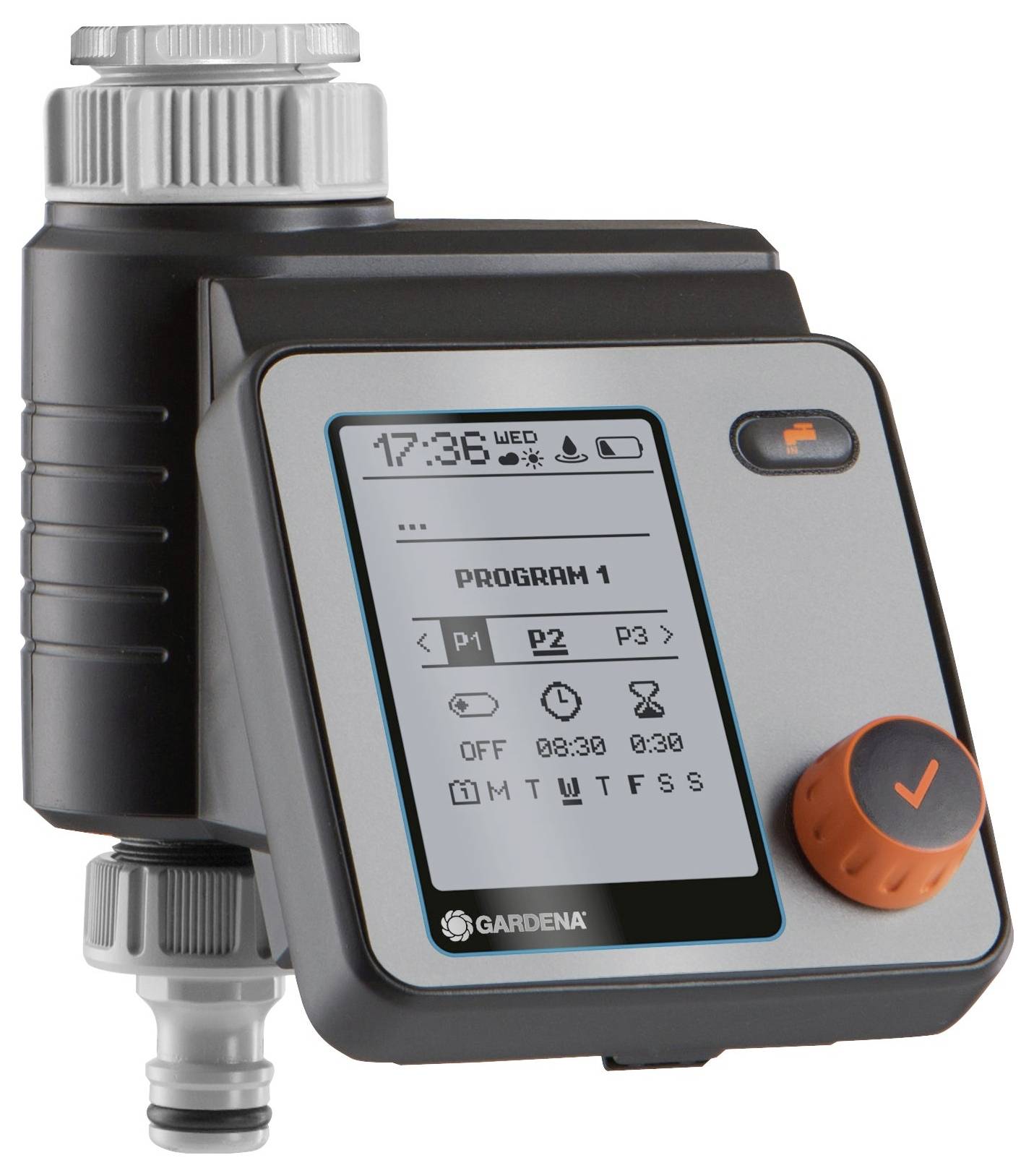 Bevattningsstyrning med display för tid och program. Stor knapp till höger för inställning. Enhet från GARDENA.