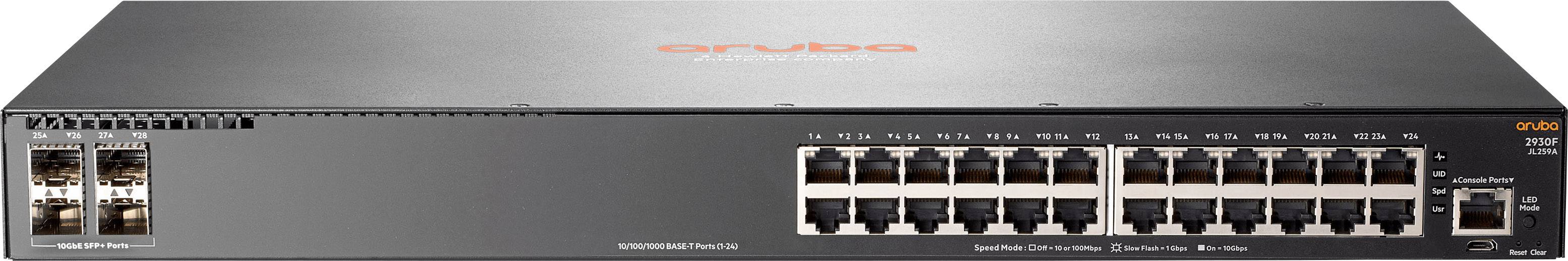 Nätverksswitch med 24 Ethernet-portar och 4 optiska anslutningar, märke 'Aruba', lämplig för hantering av komplexa nätverk.