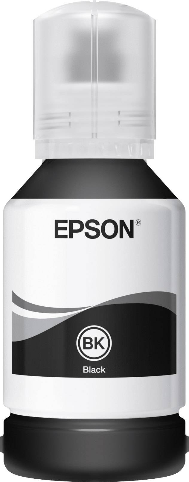 Påfyllningsbläckflaska från Epson, svart, med synligt logotyp och svart etikett; lämplig för skrivare.